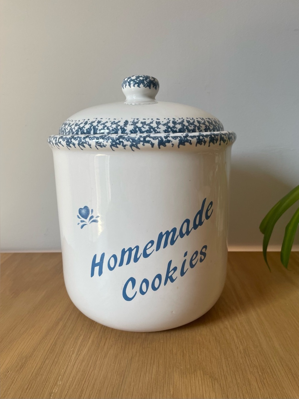 Vintage Ceramic Blue Heart Sponge Ware Cookie Jar 1980s